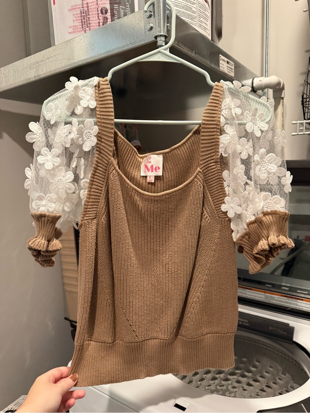 So Me Brown Knit Off-the-Shoulder Sweater with White Floral Lace Sleeves